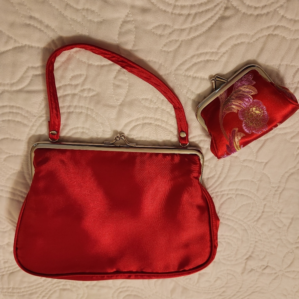 Red Satin evening purse 2 piece set